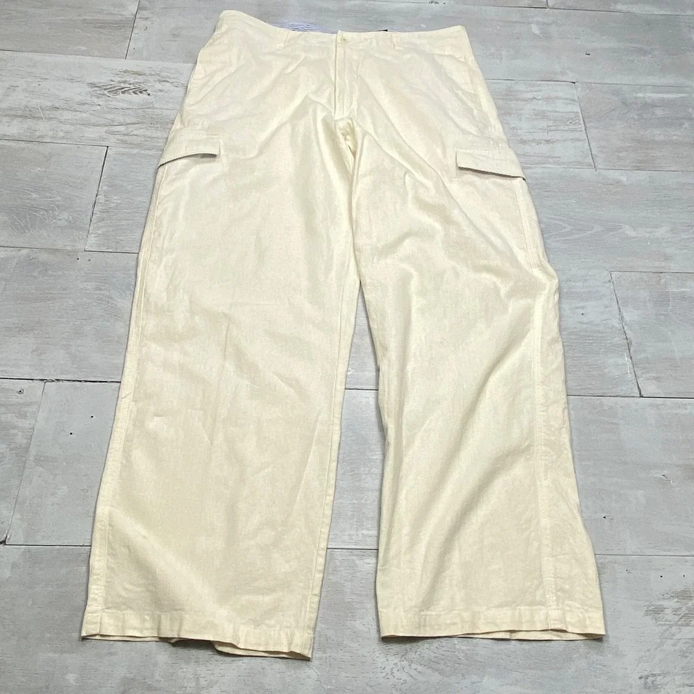 Koman Cargo Pants Mens XL Cream Linen Cotton Blend Wide Leg Relaxed Beach Pants